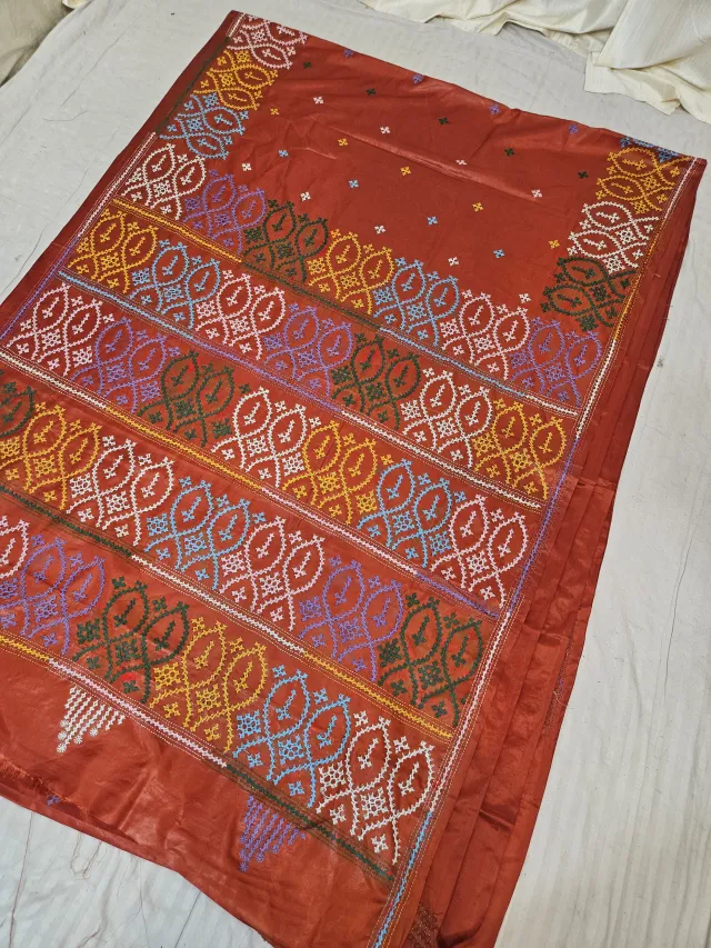 Crimson Red Blended Bangalore Silk Saree with Multicolour Gujarati Stitch Oval Lattice & Embroidered Pallu