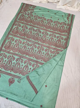 Pista Green Blended Bangalore Silk Saree with Maroon Gujarati Stitch Paisley Medallions & Embroidered Pallu