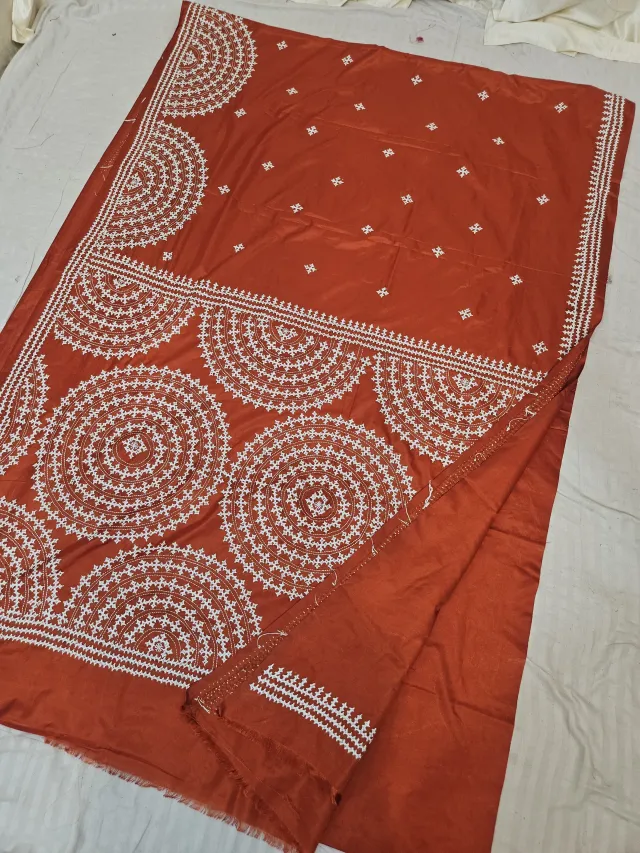 Rust Terracotta Blended Bangalore Silk Saree with All-Over White Gujarati Stitch Mandalas, Sunburst Arches & Embroidered Pallu