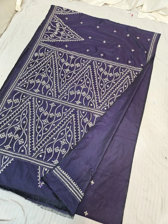 Midnight Purple Blended Bangalore Silk Saree with All-Over White Gujarati Stitch Temple Chevron & Embroidered Pallu