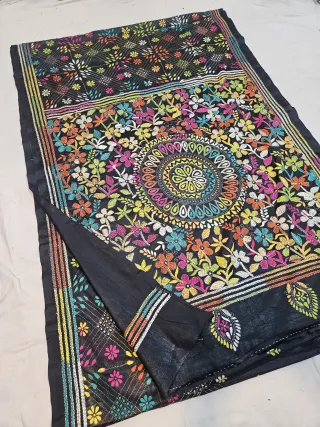 Jet Black Blended Bangalore Silk Saree with Multicolour Hand Embroidered Kantha Stitch Floral Mandala Pallu
