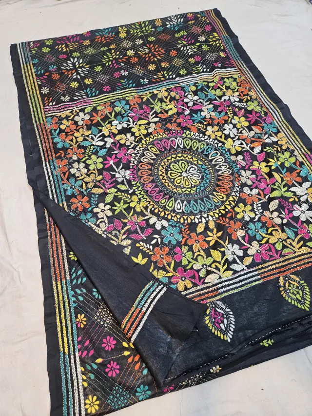 Jet Black Blended Bangalore Silk Saree with Multicolour Hand Embroidered Kantha Stitch Floral Mandala Pallu