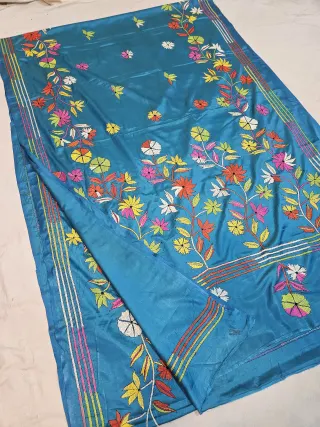 Peacock Blue Blended Bangalore Silk Saree with Multicolour Hand Embroidered Kantha Stitch Blooming Floral Pallu