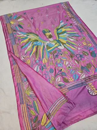 Baby Pink Blended Bangalore Silk Saree with Multicolour Hand Embroidered Kantha Stitch Winged Celestial Maiden Pallu