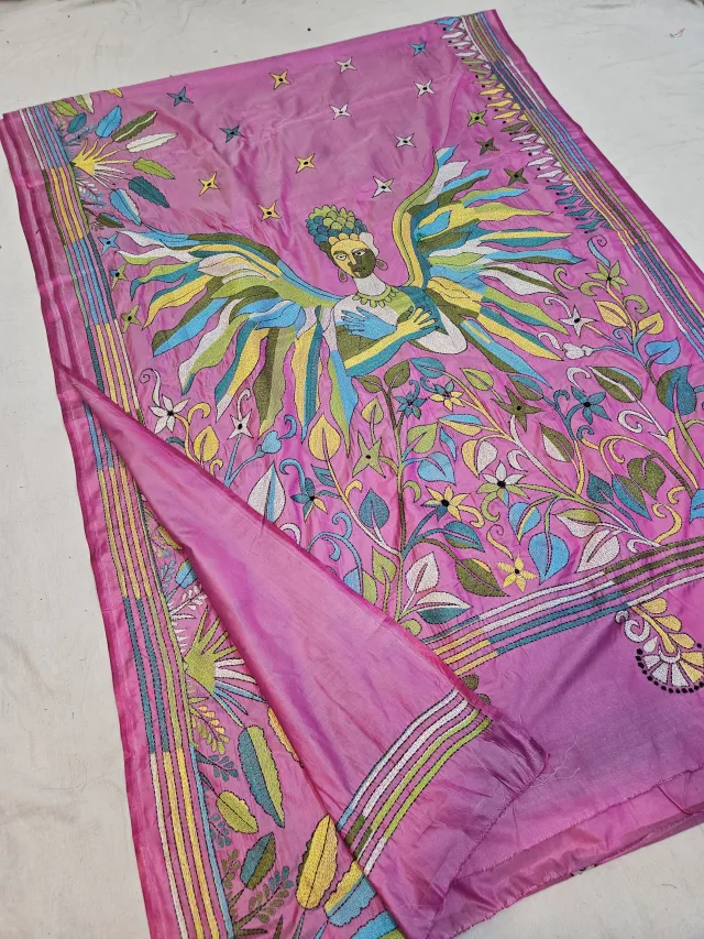 Baby Pink Blended Bangalore Silk Saree with Multicolour Hand Embroidered Kantha Stitch Winged Celestial Maiden Pallu