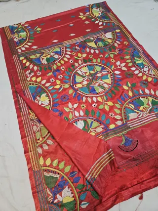 Crimson Red Blended Bangalore Silk Saree with Multicolour Hand Embroidered Kantha Stitch Floral Mandala, Sunburst Arches & Pallu