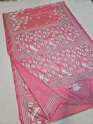 Rose Pink Blended Bangalore Silk Saree with All-Over White Hand Embroidered Kantha Stitch Lotus Pond Pallu