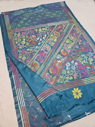Peacock Blue Blended Bangalore Silk Saree with Multicolour Hand Embroidered Kantha Stitch Diagonal Floral Panels & Paisleys