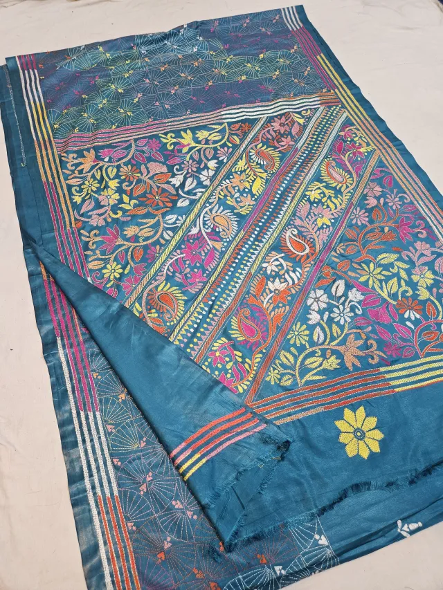 Peacock Blue Blended Bangalore Silk Saree with Multicolour Hand Embroidered Kantha Stitch Diagonal Floral Panels & Paisleys
