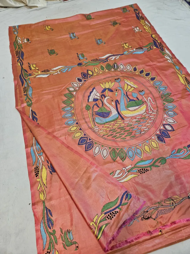 Peach Blended Bangalore Silk Saree with Multicolour Hand Embroidered Kantha Stitch Royal Swan Lotus Pond Mandala Pallu