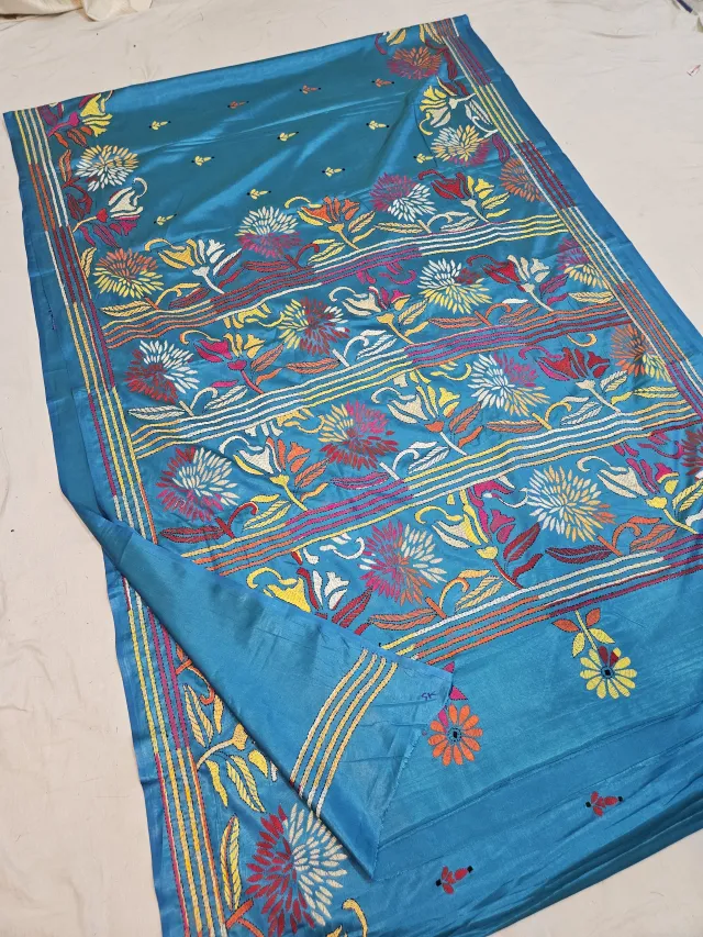 Ocean Blue Blended Bangalore Silk Saree with Multicolour Hand Embroidered Kantha Stitch Chrysanthemum Registers & Pallu