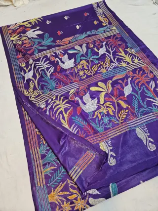 Royal Purple Blended Bangalore Silk Saree with Multicolour Hand Embroidered Kantha Stitch Swan & Aquatic Landscape Pallu