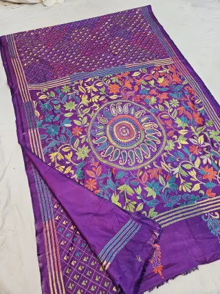 Royal Purple Blended Bangalore Silk Saree with Multicolour Hand Embroidered Kantha Stitch Paisley Mandala Pallu