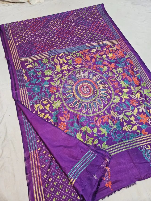 Royal Purple Blended Bangalore Silk Saree with Multicolour Hand Embroidered Kantha Stitch Paisley Mandala Pallu