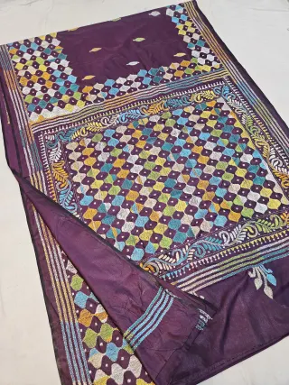 Plum Purple Blended Bangalore Silk Saree with Multicolour Hand Embroidered Kantha Stitch Checkerboard Jaal & Embroidered Pallu