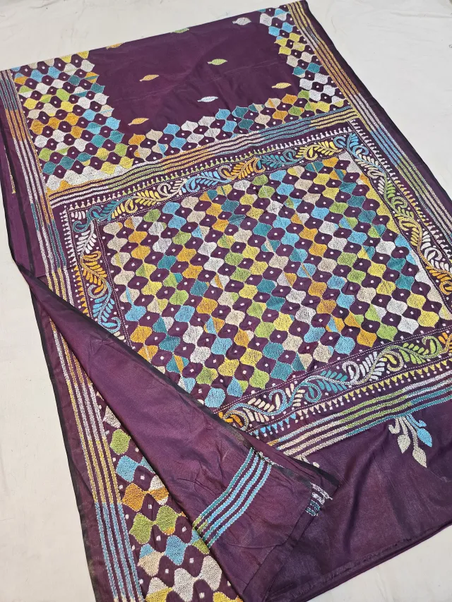 Plum Purple Blended Bangalore Silk Saree with Multicolour Hand Embroidered Kantha Stitch Checkerboard Jaal & Embroidered Pallu