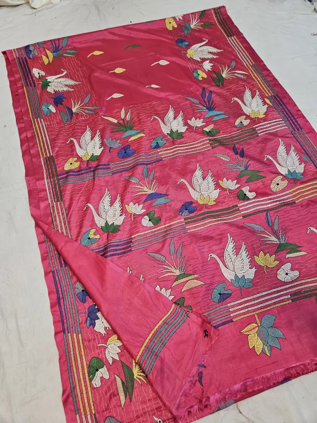Rose Pink Blended Bangalore Silk Saree with Multicolour Hand Embroidered Kantha Stitch Swan & Lotus Pond Pallu