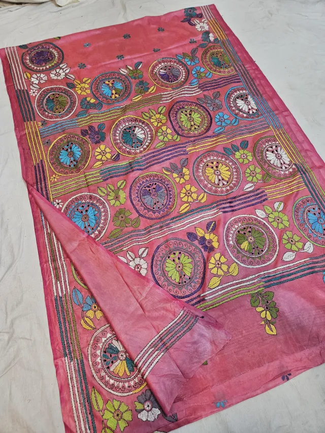 Rose Pink Blended Bangalore Silk Saree with Multicolour Hand Embroidered Kantha Stitch Circular Mandala Registers & Pallu