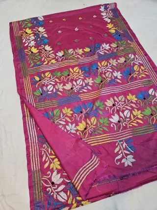 Rani Pink Blended Bangalore Silk Saree with Multicolour Hand Embroidered Kantha Stitch Floral Registers & Pallu