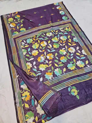 Royal Purple Blended Bangalore Silk Saree with Multicolour Hand Embroidered Kantha Stitch Botanical Garden Pallu
