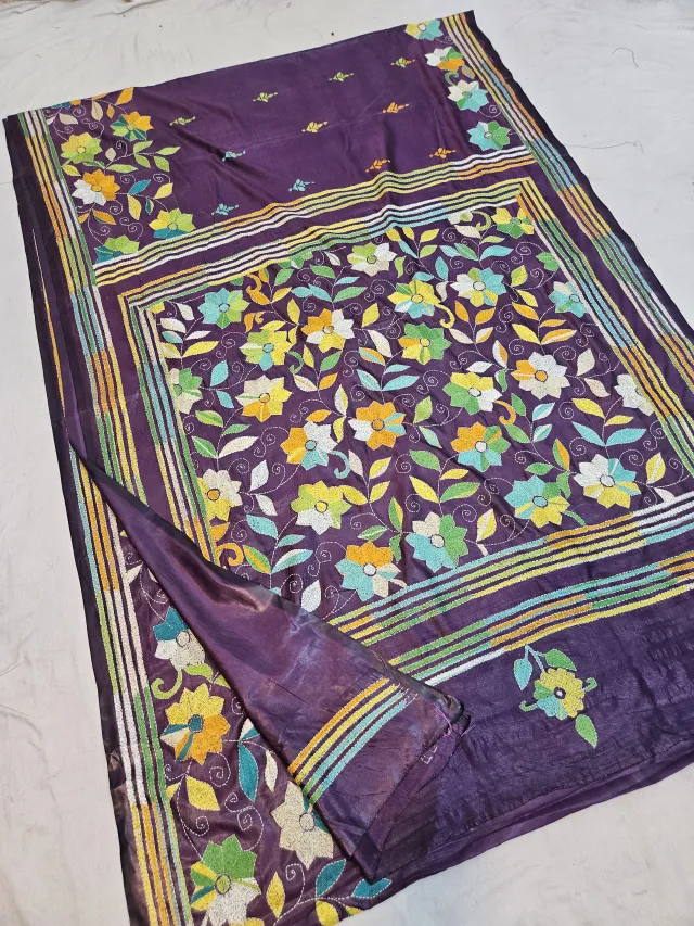 Royal Purple Blended Bangalore Silk Saree with Multicolour Hand Embroidered Kantha Stitch Botanical Garden Pallu