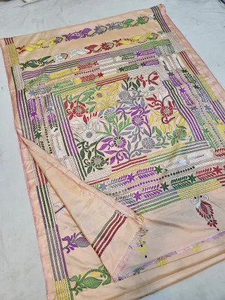 Pastel Peach Blended Bangalore Silk Saree with Multicolour Hand Embroidered Kantha Stitch Botanical Garden Pallu