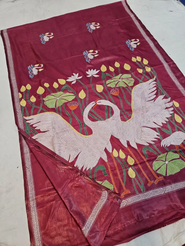 Plum Wine Blended Bangalore Silk Saree with Hand Embroidered Kantha Stitch Courting Swans & Lotus Pond Pallu