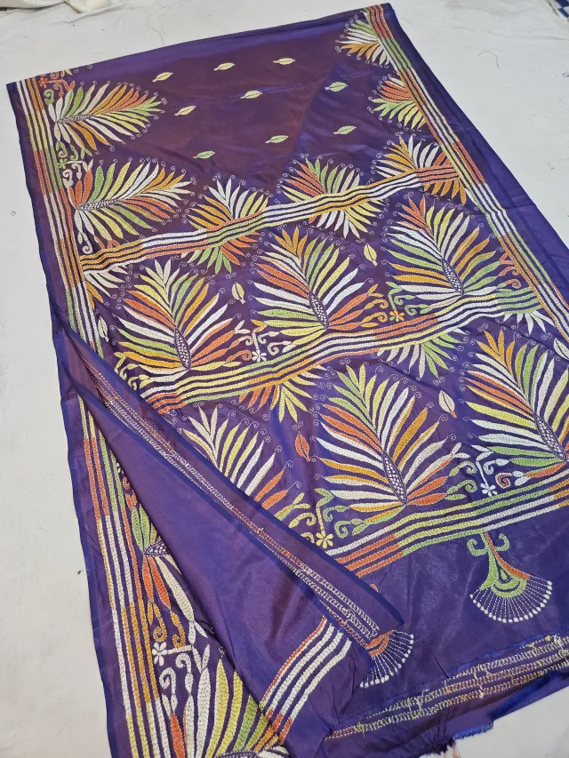 Royal Purple Blended Bangalore Silk Saree with Multicolour Hand Embroidered Kantha Stitch Feather Plume Registers & Pallu
