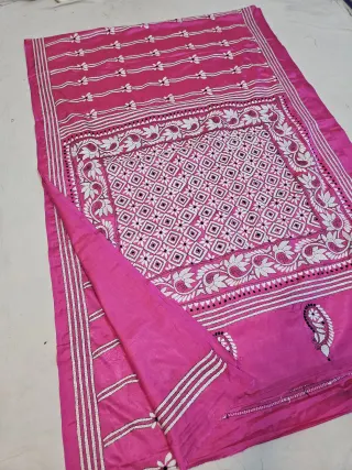 Rani Pink Blended Bangalore Silk Saree with All-Over White Hand Embroidered Kantha Stitch Diamond Lattice Pallu