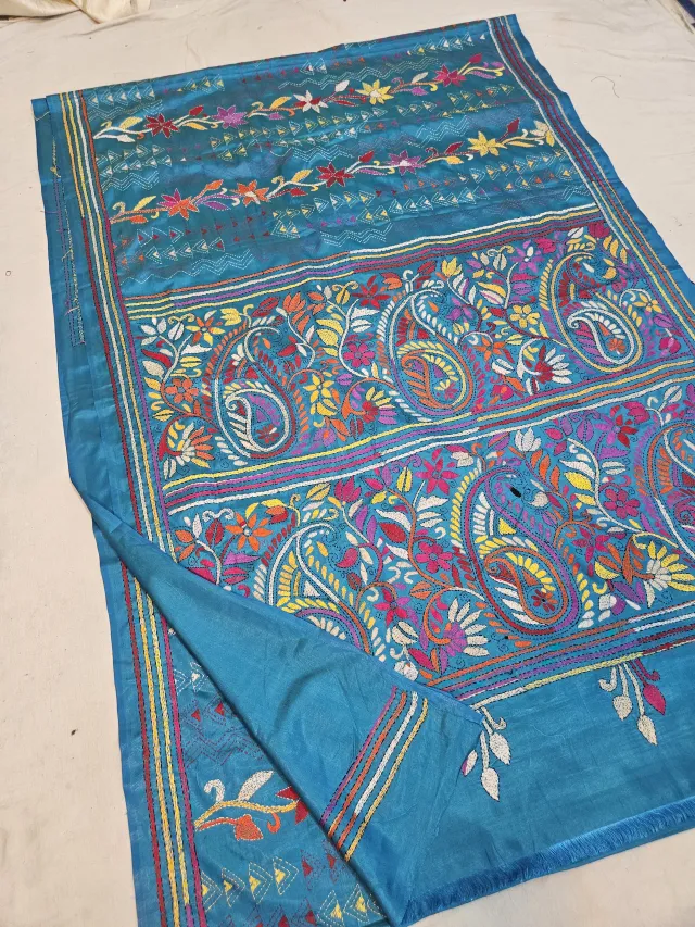 Peacock Blue Blended Bangalore Silk Saree with Multicolour Hand Embroidered Kantha Stitch Paisley Kalka Registers & Pallu