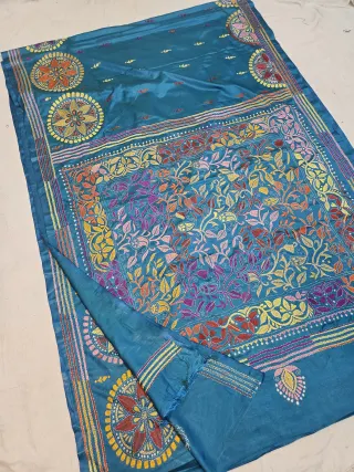 Peacock Blue Blended Bangalore Silk Saree with Multicolour Hand Embroidered Kantha Stitch Botanical Tapestry & Rosette Pallu