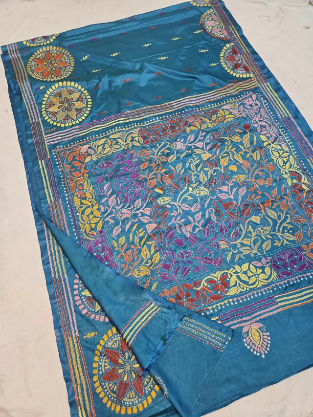 Peacock Blue Blended Bangalore Silk Saree with Multicolour Hand Embroidered Kantha Stitch Botanical Tapestry & Rosette Pallu