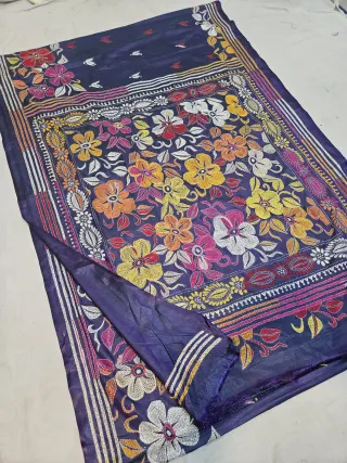 Midnight Purple Blended Bangalore Silk Saree with Multicolour Hand Embroidered Kantha Stitch Blooming Floral Garden Pallu