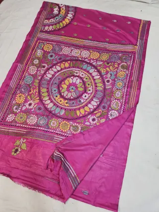 Rani Pink Blended Bangalore Silk Saree with Multicolour Hand Embroidered Kantha Stitch Floral Mandala & Daisy Tapestry Pallu