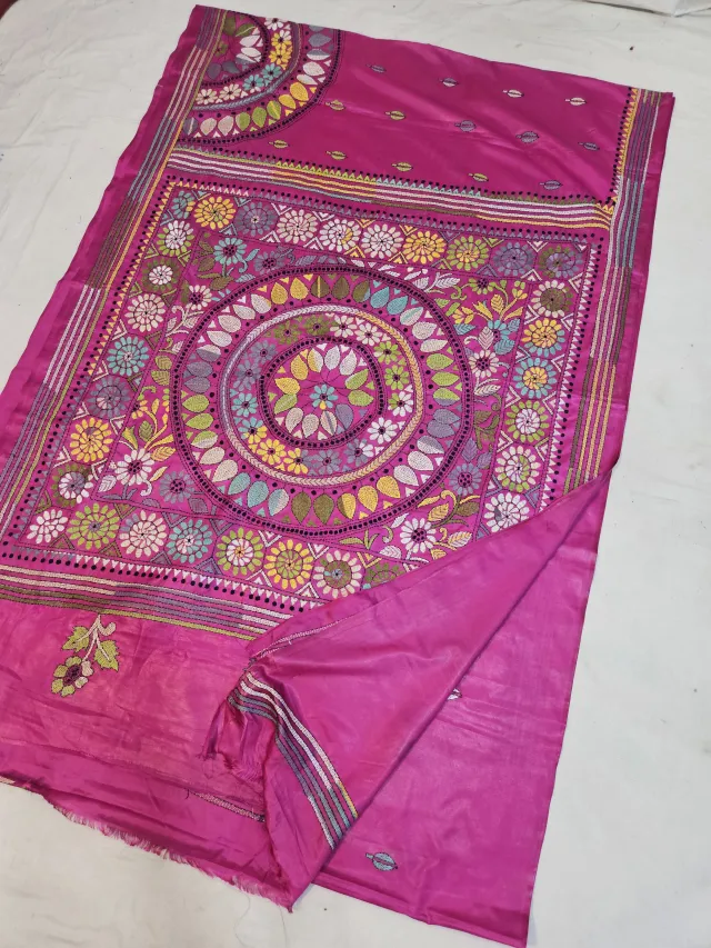 Rani Pink Blended Bangalore Silk Saree with Multicolour Hand Embroidered Kantha Stitch Floral Mandala & Daisy Tapestry Pallu