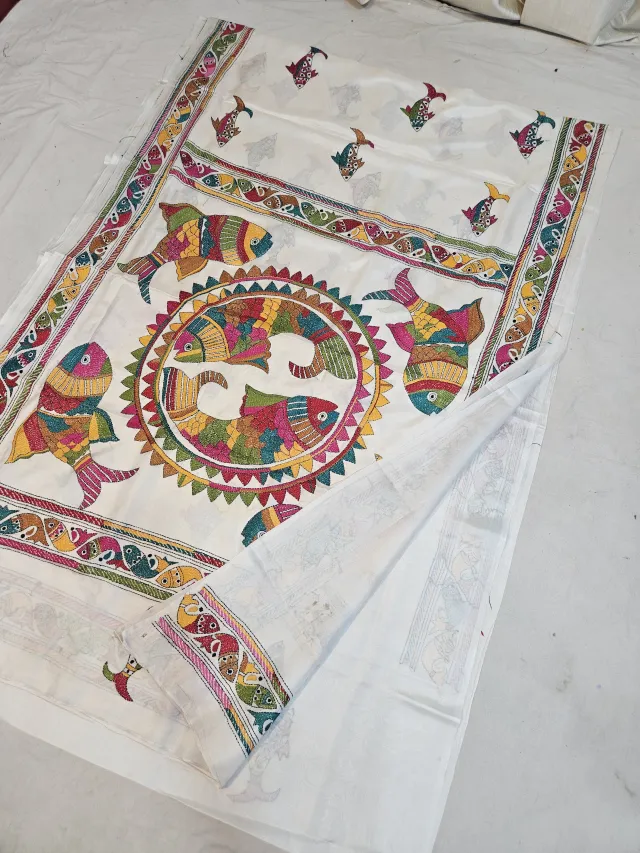 Off-White Blended Bangalore Silk Saree with Multicolour Hand Embroidered Kantha Stitch Auspicious Fish Mandala Pallu