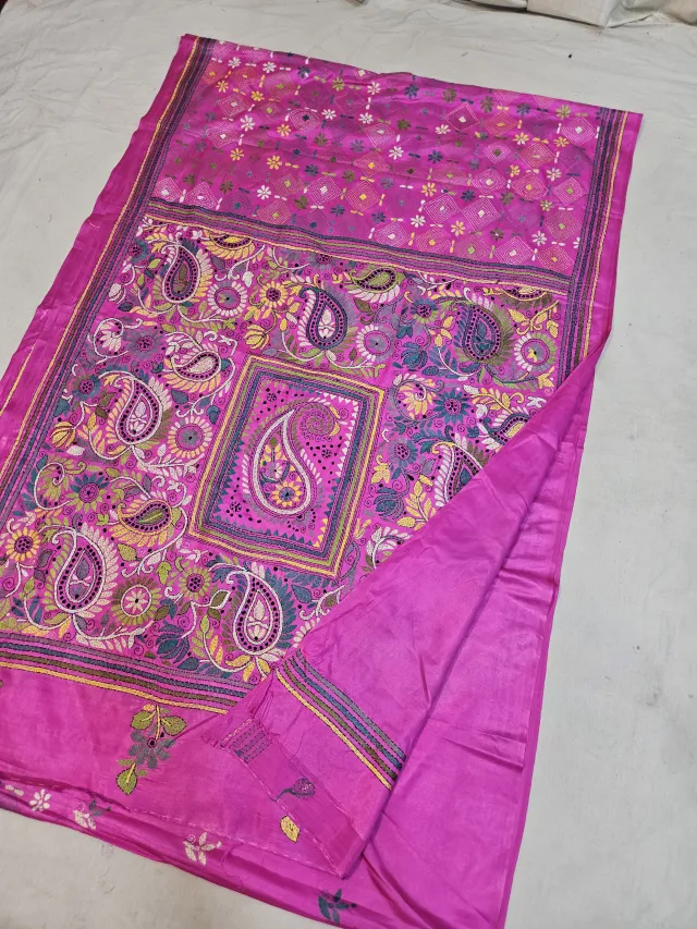 Rani Pink Blended Bangalore Silk Saree with Multicolour Hand Embroidered Kantha Stitch Paisley Kalka Medallion Pallu