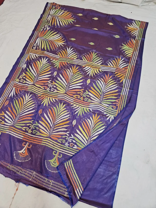 Royal Purple Blended Bangalore Silk Saree with Multicolour Hand Embroidered Kantha Stitch Feather Plume Registers & Pallu