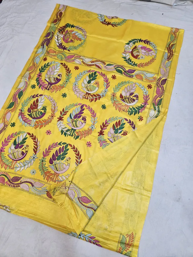 Sunshine Yellow Blended Bangalore Silk Saree with Multicolour Hand Embroidered Kantha Stitch Bird Wreath Mandala Pallu