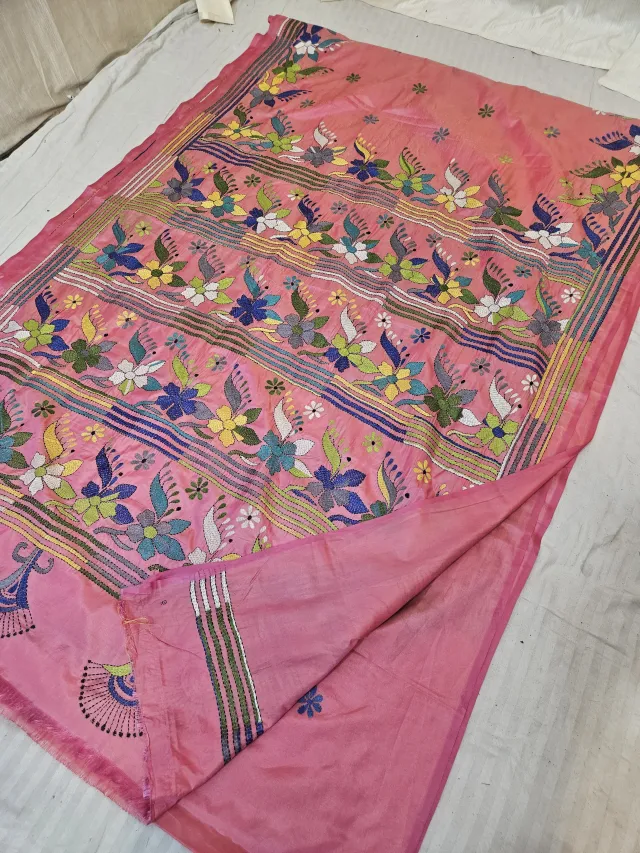 Rose Pink Blended Bangalore Silk Saree with Multicolour Hand Embroidered Kantha Stitch Flying Bird & Floral Registers Pallu
