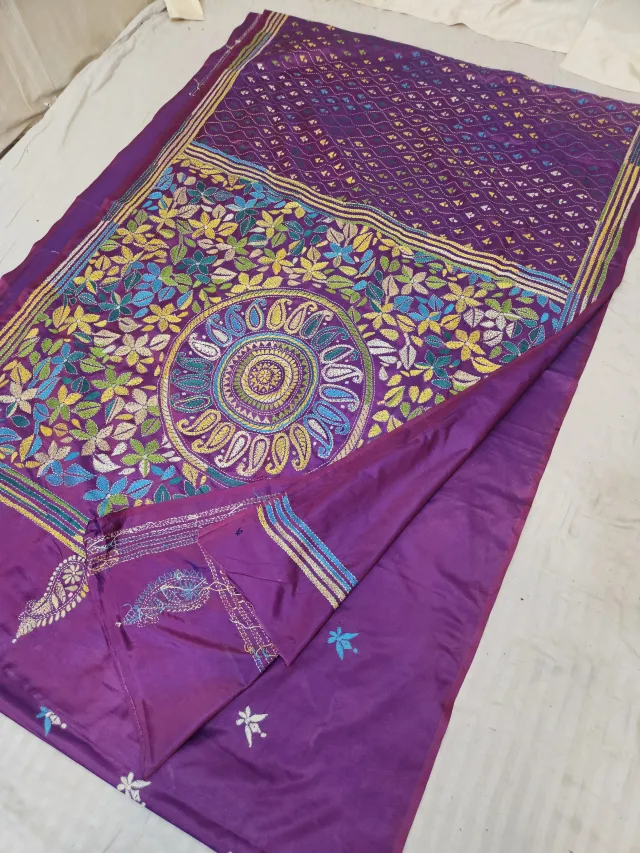 Royal Purple Blended Bangalore Silk Saree with Multicolour Hand Embroidered Kantha Stitch Paisley Mandala Pallu