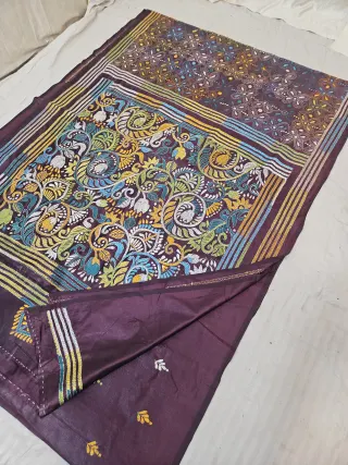 Plum Purple Blended Bangalore Silk Saree with Multicolour Hand Embroidered Kantha Stitch Peacock Kalka Tapestry Pallu