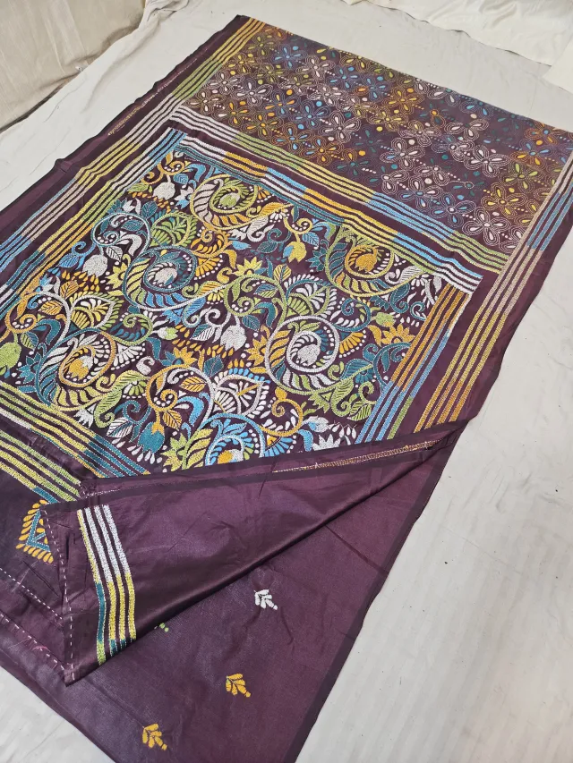 Plum Purple Blended Bangalore Silk Saree with Multicolour Hand Embroidered Kantha Stitch Peacock Kalka Tapestry Pallu