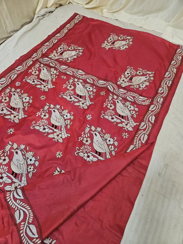 Crimson Red Blended Bangalore Silk Saree with All-Over White Hand Embroidered Kantha Stitch Perched Songbird & Floral Pallu