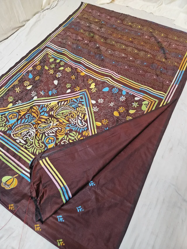 Chocolate Brown Blended Bangalore Silk Saree with Multicolour Hand Embroidered Kantha Stitch Paisley Kalka & Floral Jaal Pallu