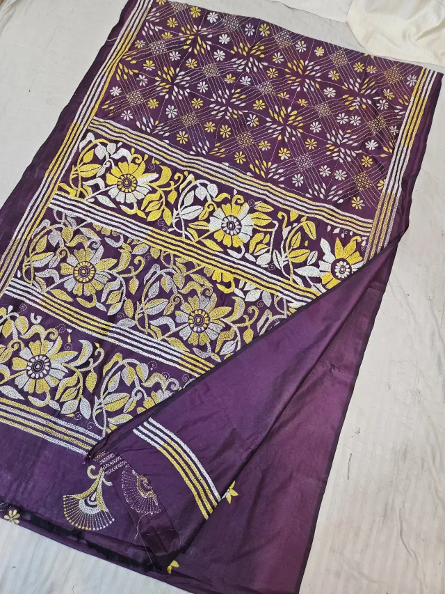 Plum Purple Blended Bangalore Silk Saree with Yellow & White Hand Embroidered Kantha Stitch Floral Registers Pallu