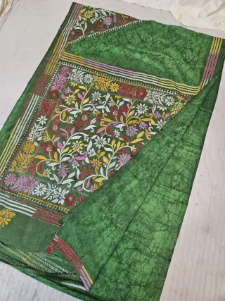 Emerald Green Blended Bangalore Silk Saree with Multicolour Hand Embroidered Kantha Stitch Botanical Garden Pallu