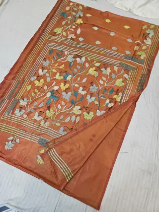 Rust Orange Blended Bangalore Silk Saree with Multicolour Hand Embroidered Kantha Stitch Tree of Life Floral Tapestry Pallu