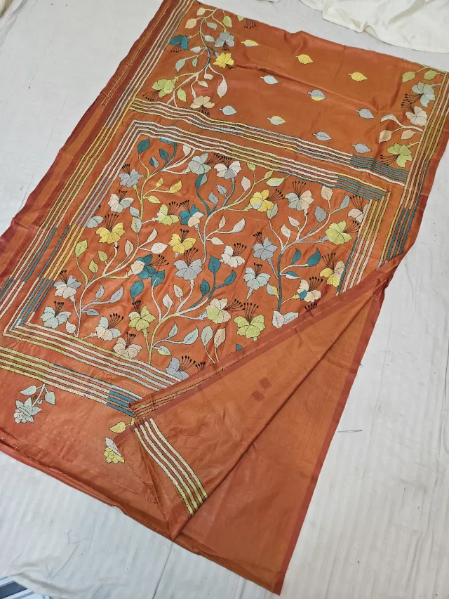 Rust Orange Blended Bangalore Silk Saree with Multicolour Hand Embroidered Kantha Stitch Tree of Life Floral Tapestry Pallu