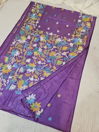 Dual-Tone Lavender Purple Blended Bangalore Silk Saree with Multicolour Hand Embroidered Kantha Stitch Botanical Garden Pallu